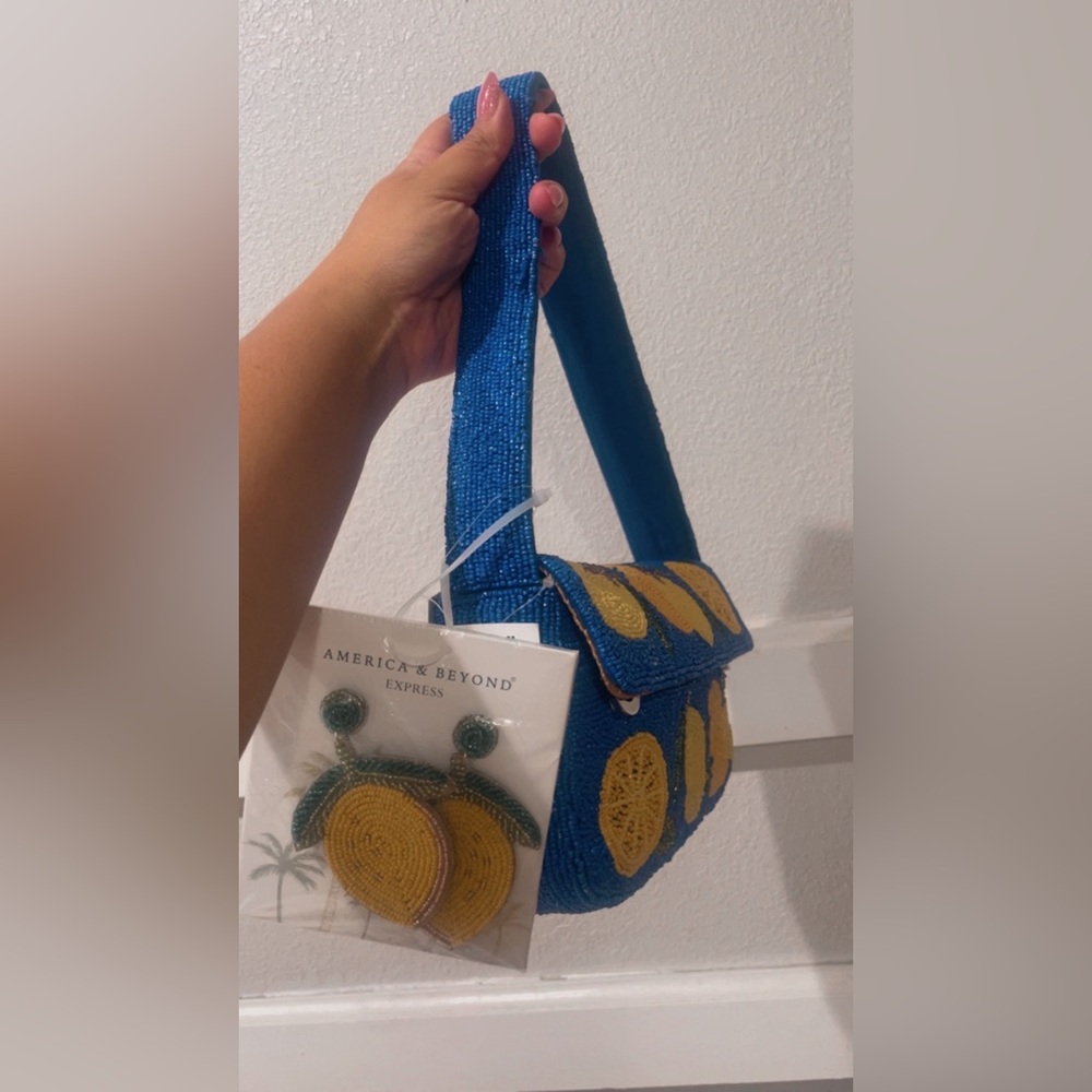 Blue vacation bag with lemons - Beaded Shoulder Bag with Yellow 🍋
